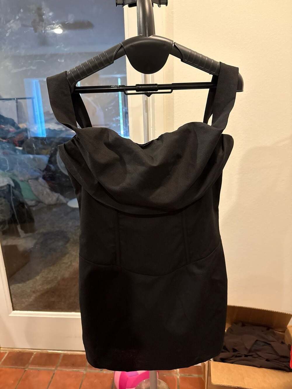 PrettyLittleThing Black Linen Look Draped Bardot Corset Bodycon Dress Size US 4
